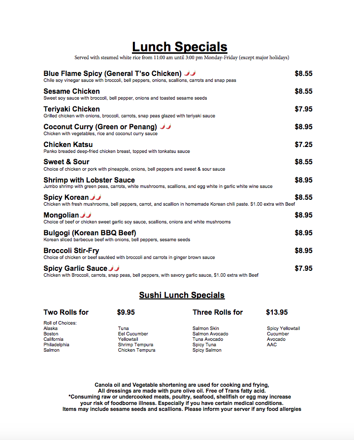 Blue Flame Sushi & Asian Bistro | Wenatchee, WA | East Wenatchee Menu